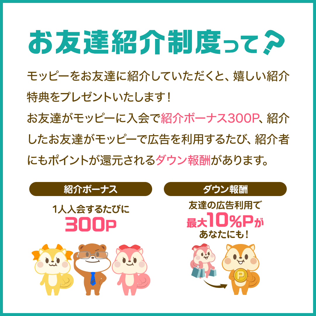 お友達紹介制度って？ お友達の入会で紹介ボーナス300P、友達の広告利用ごとに紹介者にも還元されるダウン報酬の説明