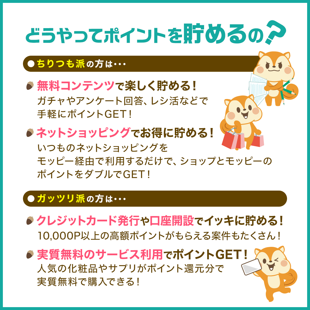 どうやってポイントを貯めるの？ ちりつも派は無料コンテンツやネットショッピング、ガッツリ派はカード発行や口座開設、という貯め方の説明