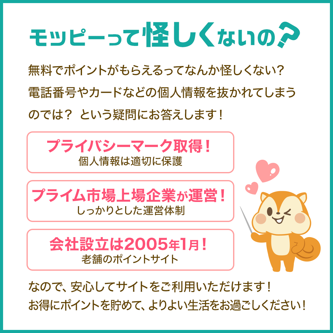 モッピーって怪しくないの？ プライバシーマーク取得、プライム市場上場企業が運営、2005年設立の老舗という安心ポイントの説明